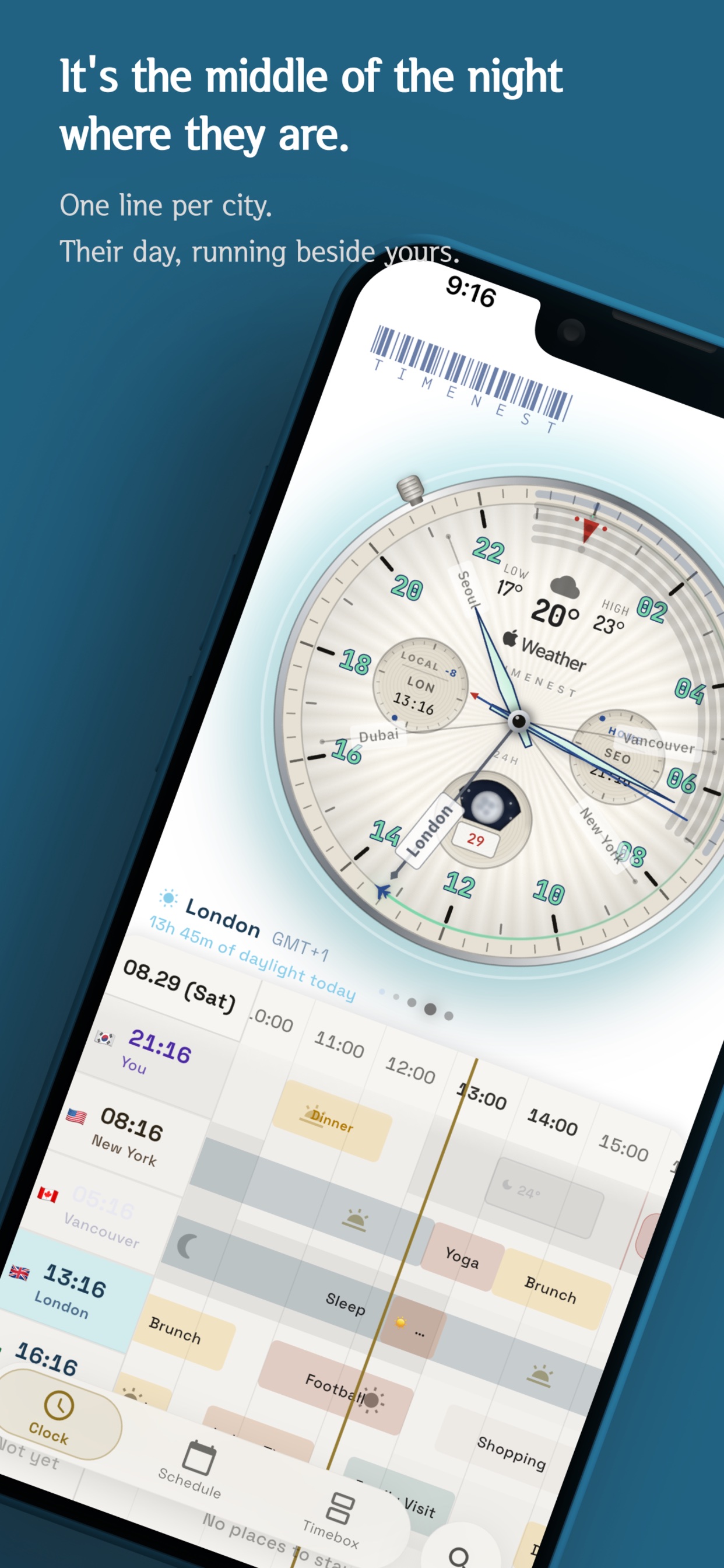 TimeNest showing Seoul, New York, Vancouver, London and Dubai as parallel timelines beneath a 24-hour dial
