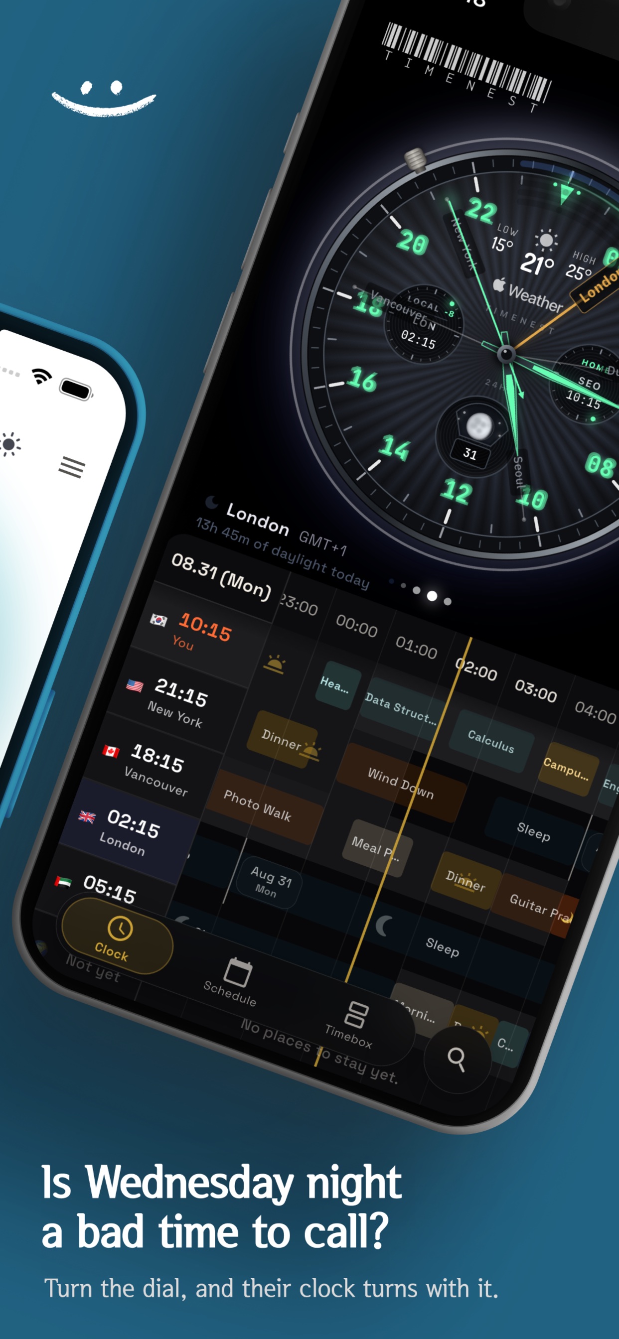 Turning the dial to a future hour while the city clocks follow