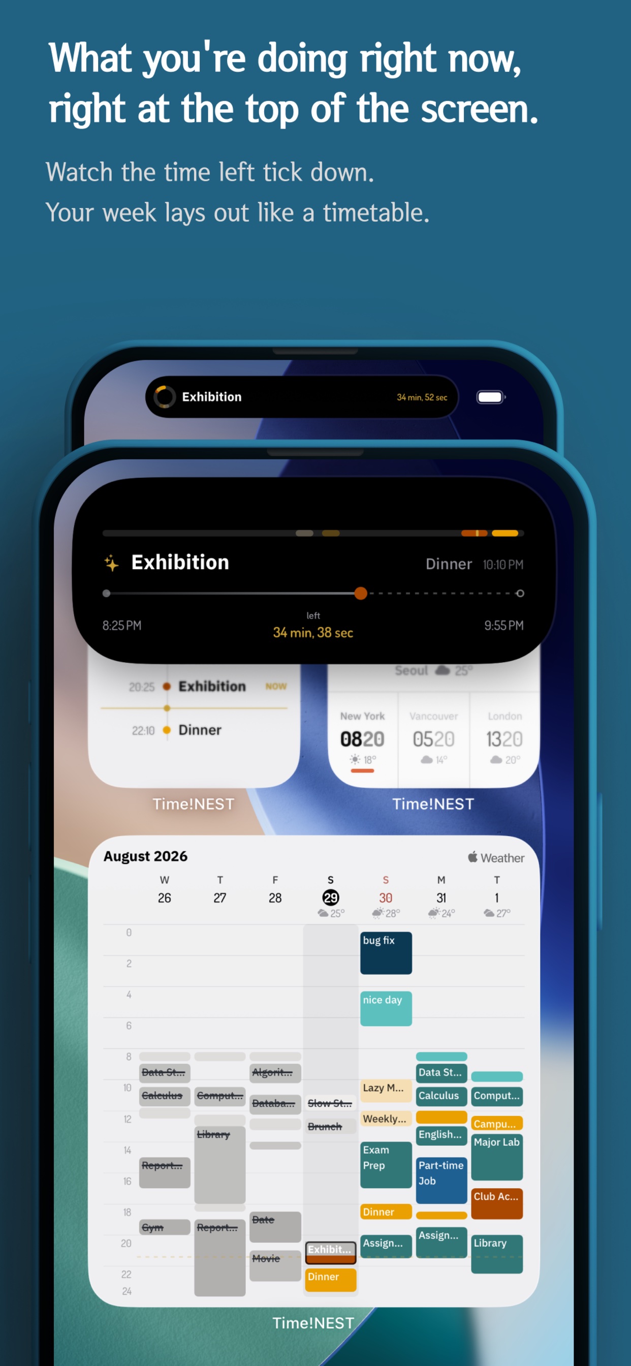 The current event shown in the Dynamic Island above a weekly timetable