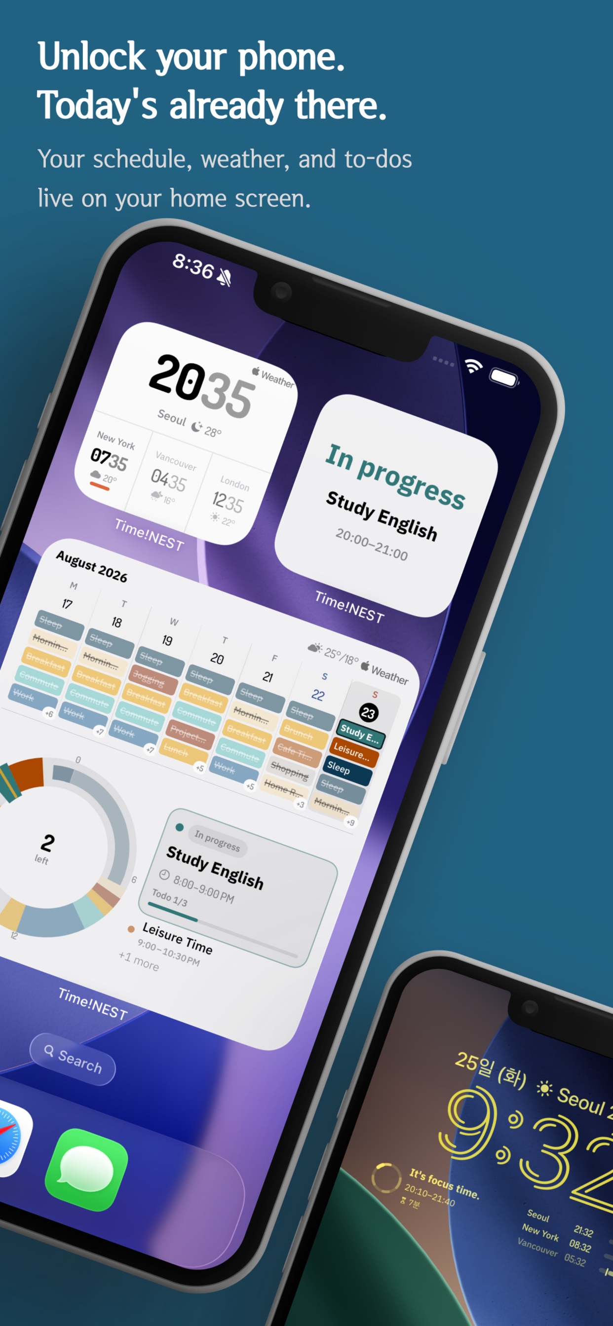 TimeNest widgets on the iPhone home screen and lock screen
