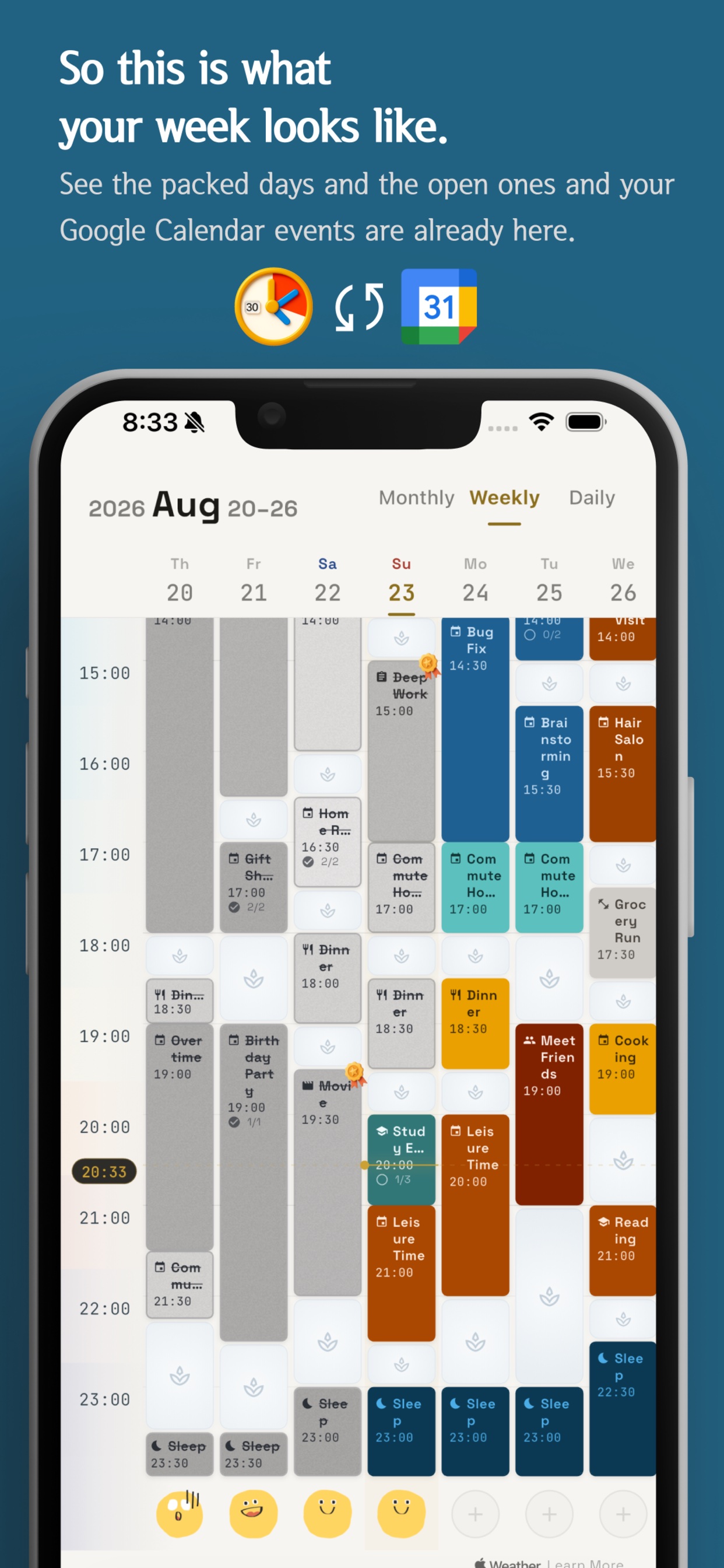 A week laid out as a timetable with events in colour