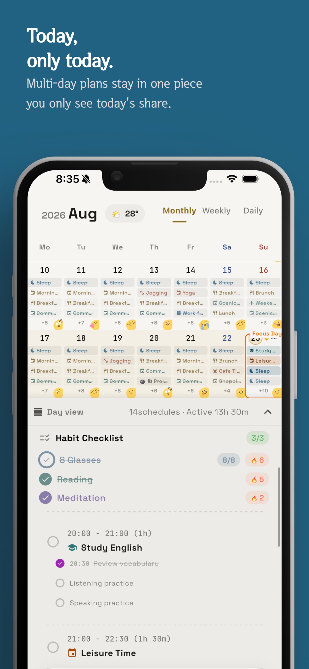A single day with a checklist and events in progress