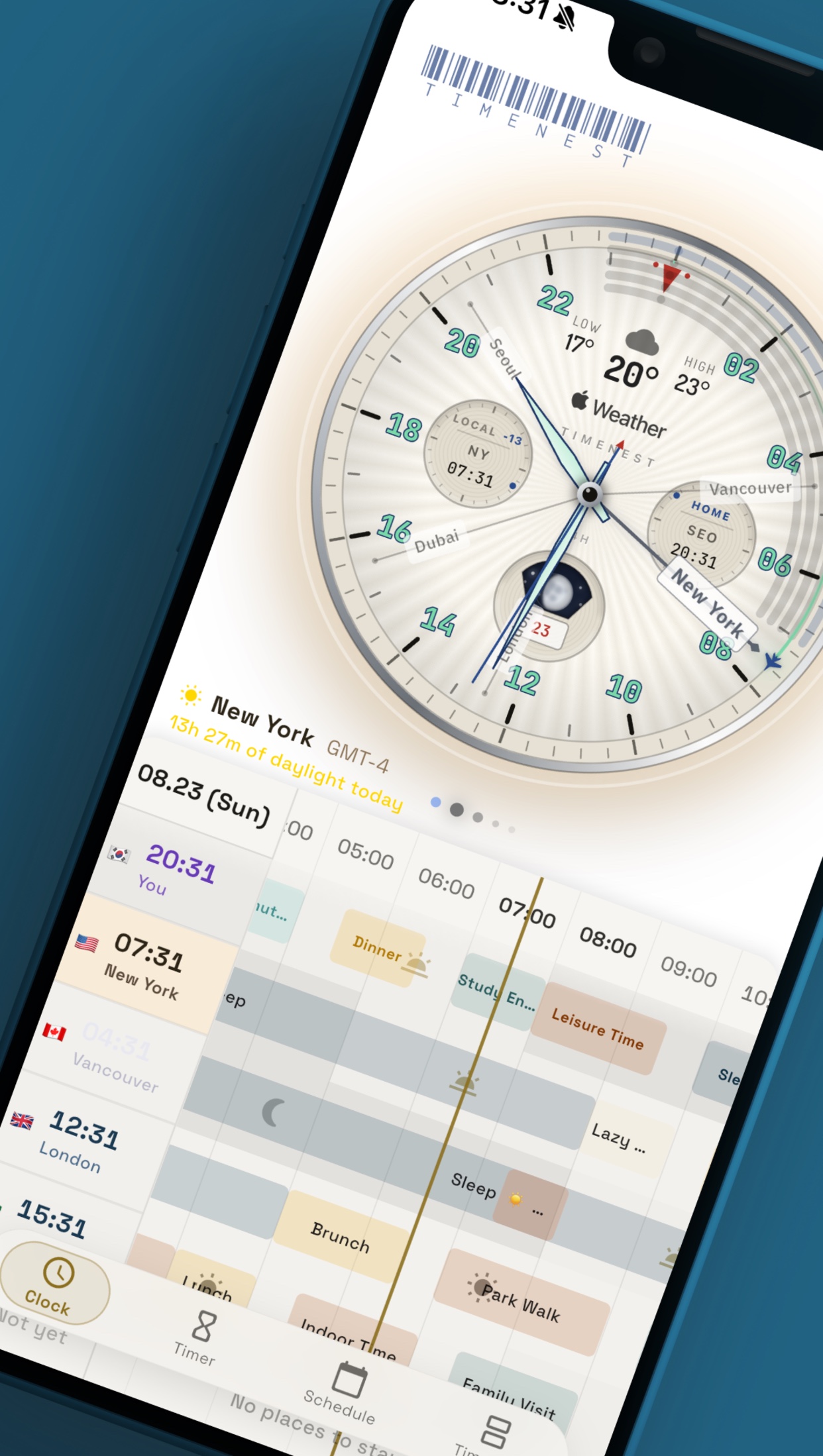 TimeNest showing Seoul, New York, Vancouver, London and Dubai as parallel timelines beneath a 24-hour dial