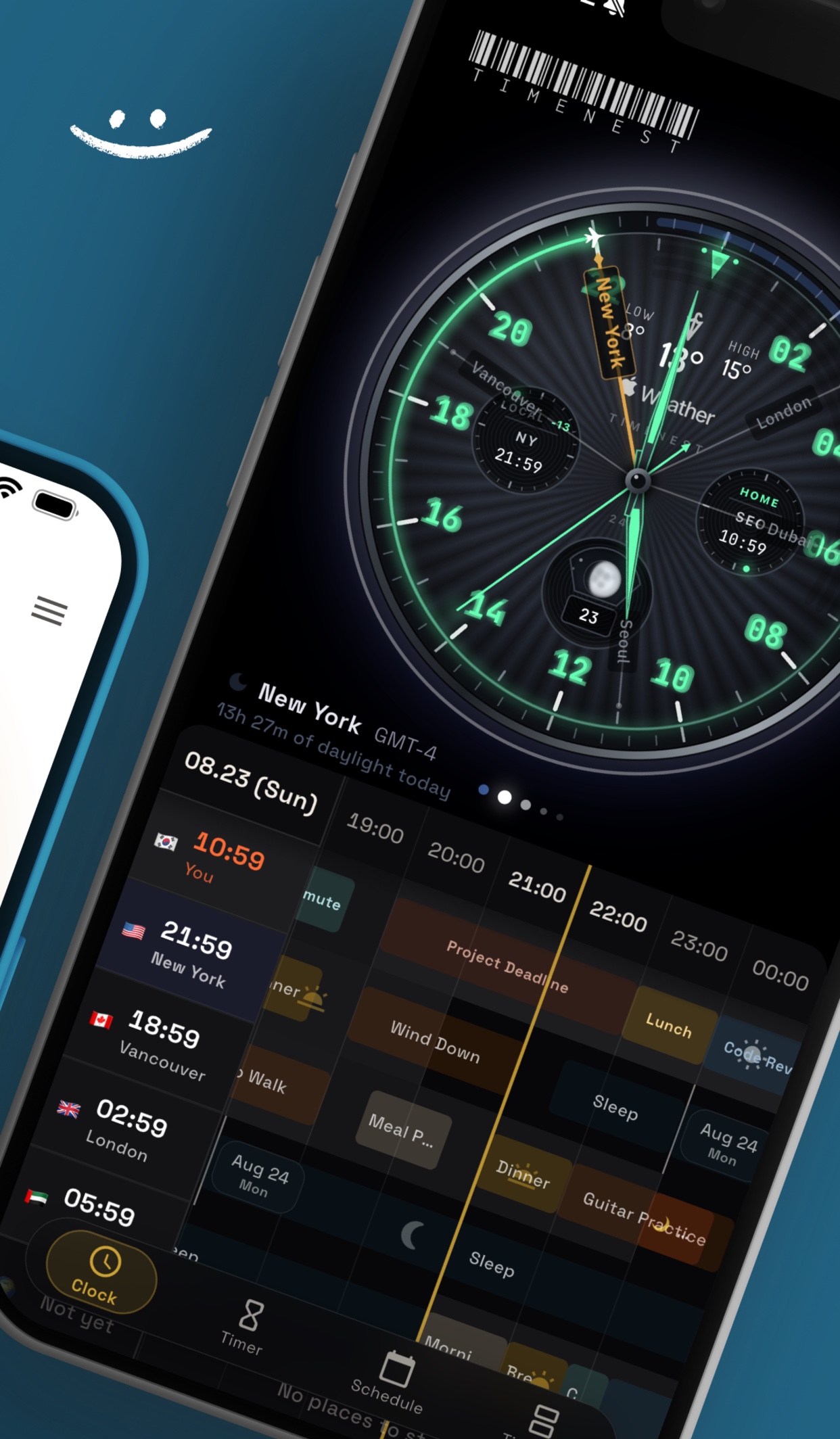 Turning the TimeNest dial moves every city's clock together