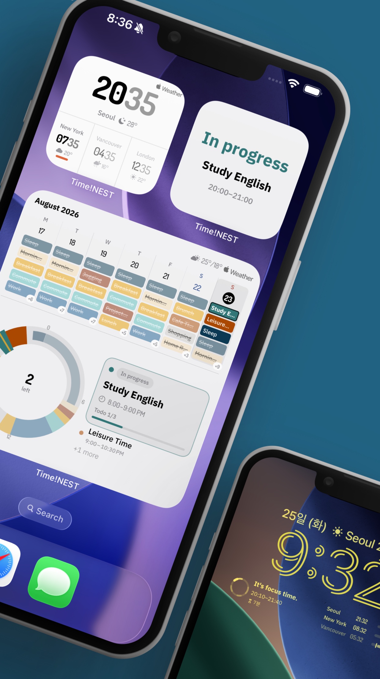 TimeNest widgets on the iPhone home screen and lock screen