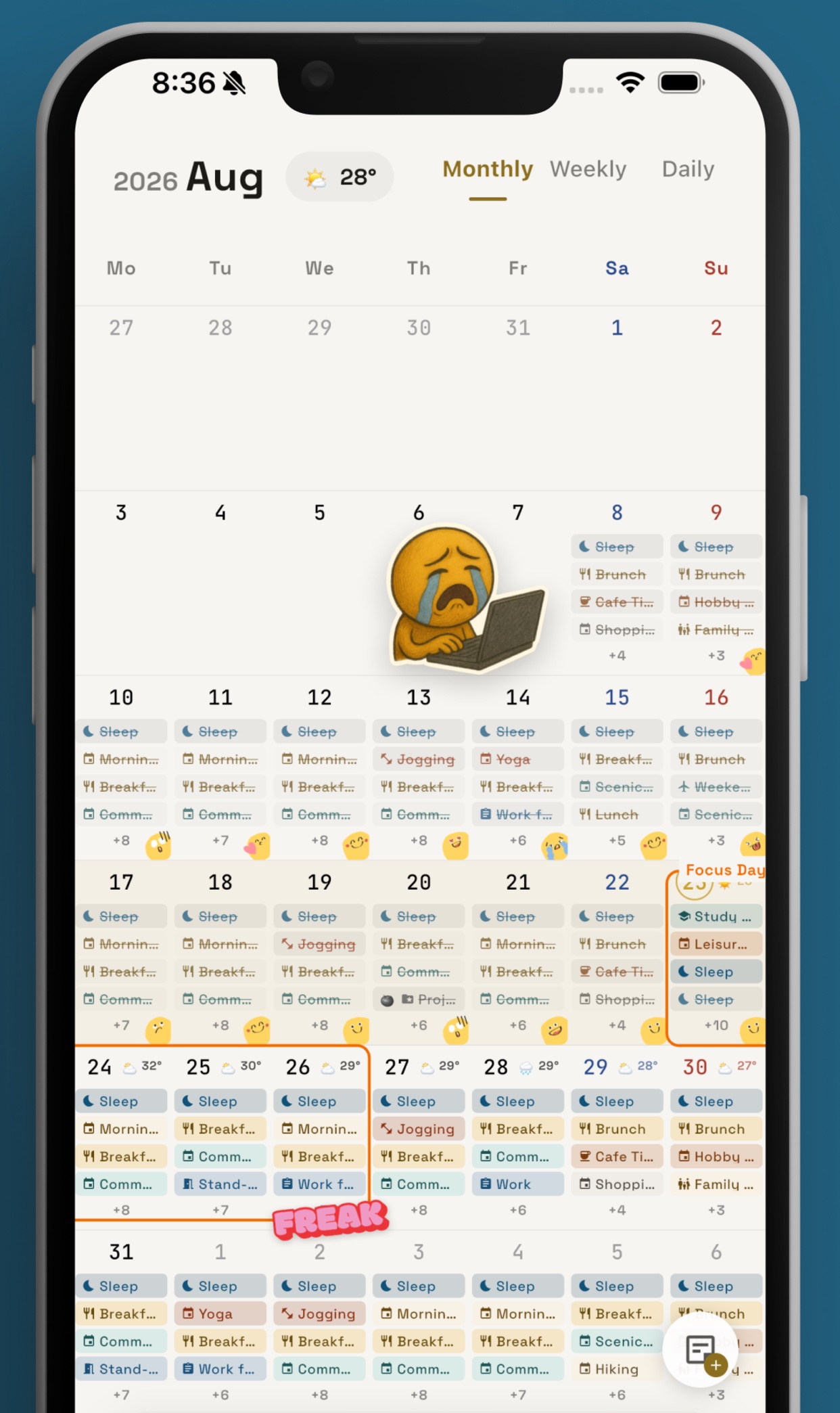 TimeNest monthly calendar with mood stickers left on past days
