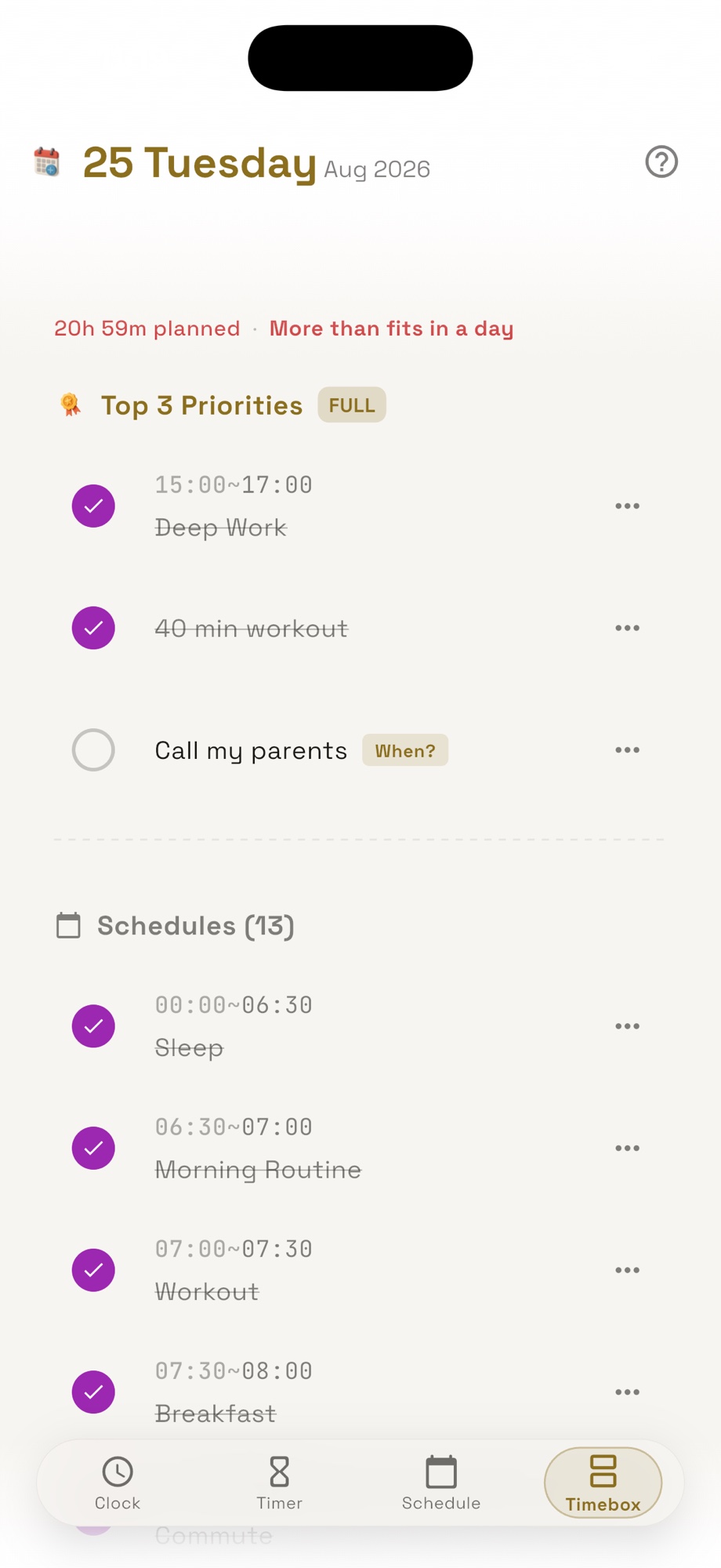 TimeNest timebox view — Top 3 Priorities, thirteen scheduled blocks, and a warning that 20h 59m is more than fits in a day