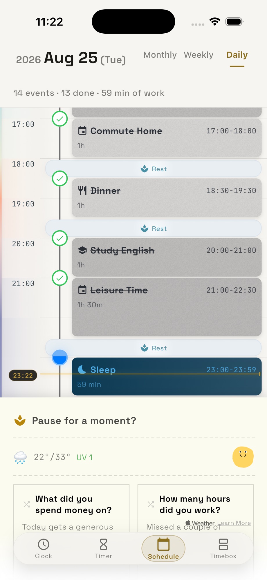 TimeNest daily view — an hour-by-hour timeline with finished blocks crossed out, rest marked between them, and the current-time line at 23:22